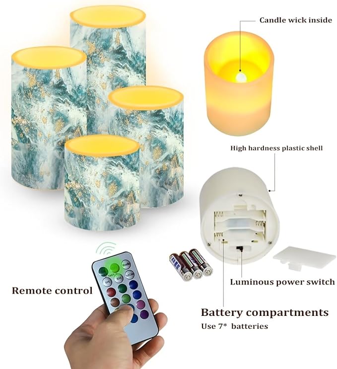 Flameless LED Battery Candles Pack of 4 Waterproof Pillar Candles Tealights with 18-Key Timer Remote Colorful Lights for Indoor Outdoor Home Outdoor Wedding Decor, Blue Gold Marble