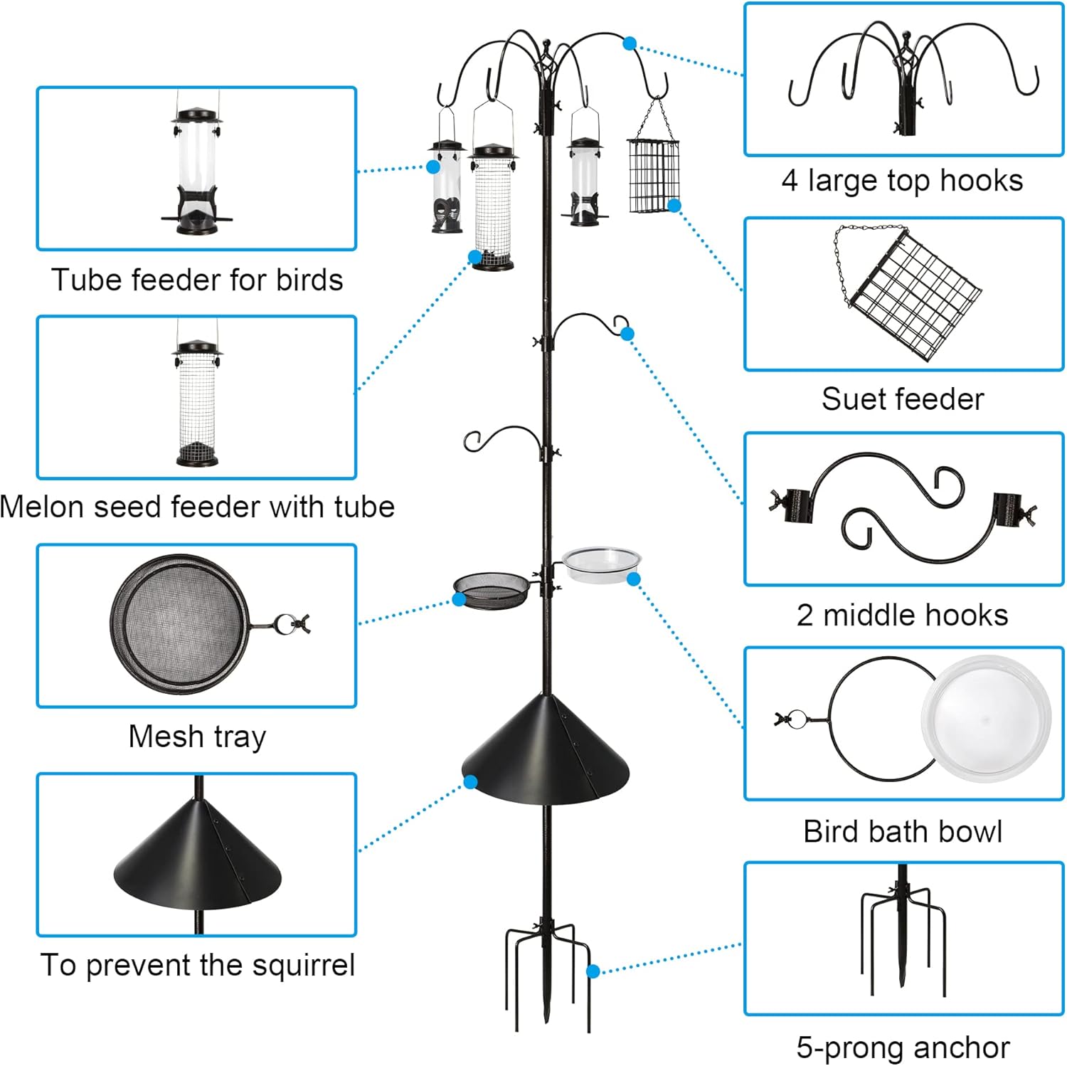 6-Hook Bird Feeding Station, Steel Multi-Feeder Kit Stand for Attracting Wild Birds w/ 4 Bird Feeders, Bird Bath, Mesh Tray and Squirrel Guard Baffle，94 Inch
