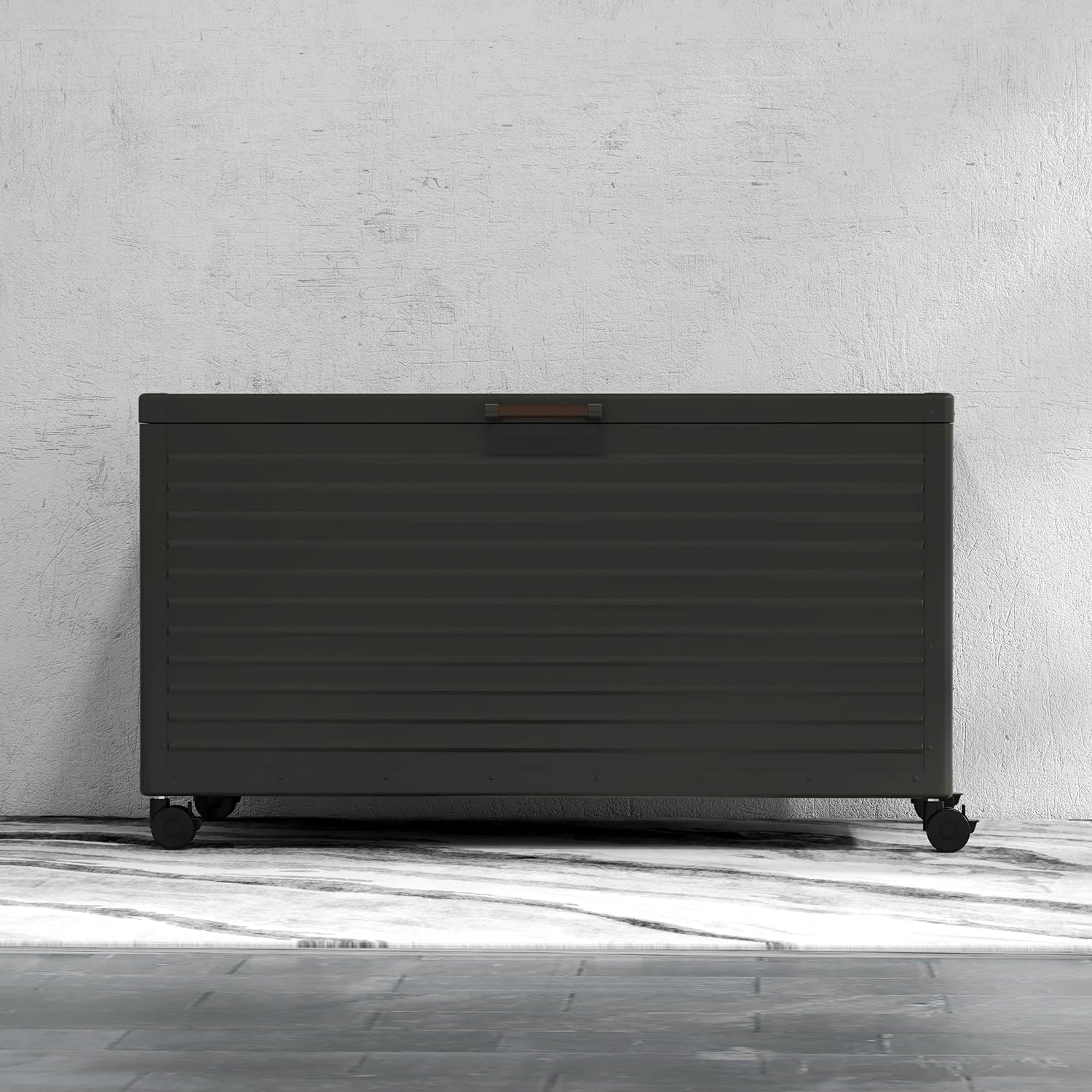 134 Gallon Outdoor Storage Box Waterproof, Metal Deck Box with wheels for Patio Furniture, Garden Tools, Outdoor Cushion, Charcoal