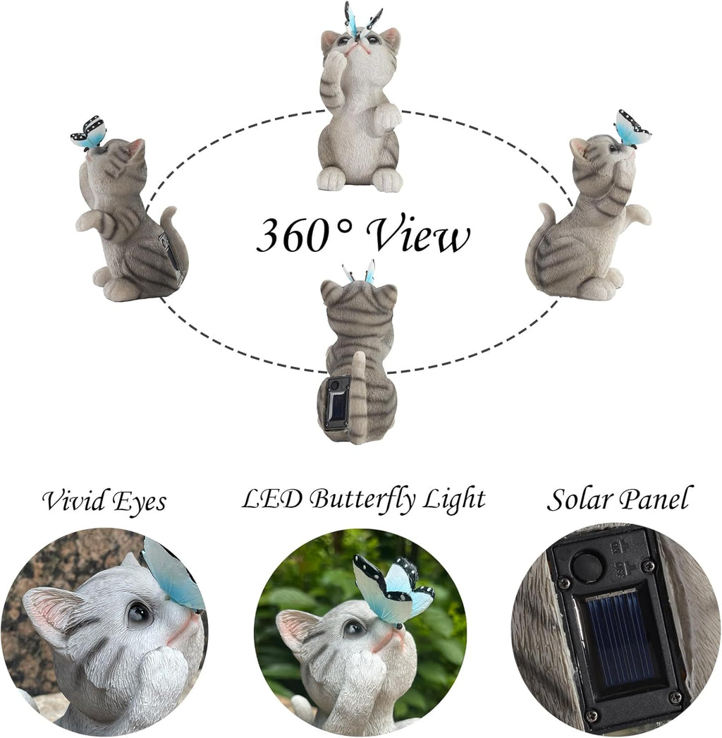 Solar Cat Outdoor Figurines Garden Decor with Butterfly Cat Statue Light for Lawn Ornaments Porch Patio Balcony Yard Decorations Outdoor Birthday Gifts for Women Grandma Mother’s Day
