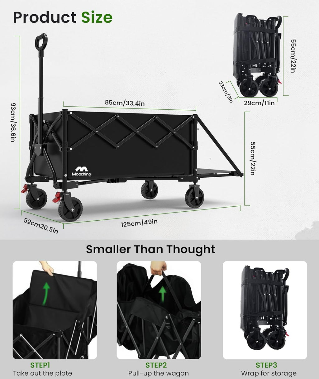 Extra Large Foldable Wagons Extended, 250L Collapsible Wagon with Tailgate, 49”L Folding Wagons with Brakes, Grocery Wagon, Utility Cart for Sports, Shopping, and Camping, Black