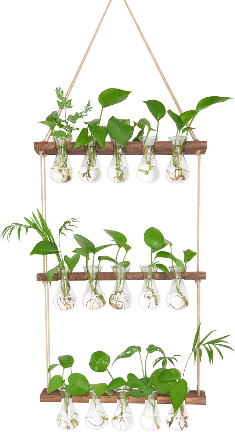 XXXFLOWER Wall Hanging Propagation Station with Wooden Stand 5 Bulb Vase 3 Tiered Planters Wall Terrarium for Home Office Plant Hanger Flower Vases Wall Decor(Brown)