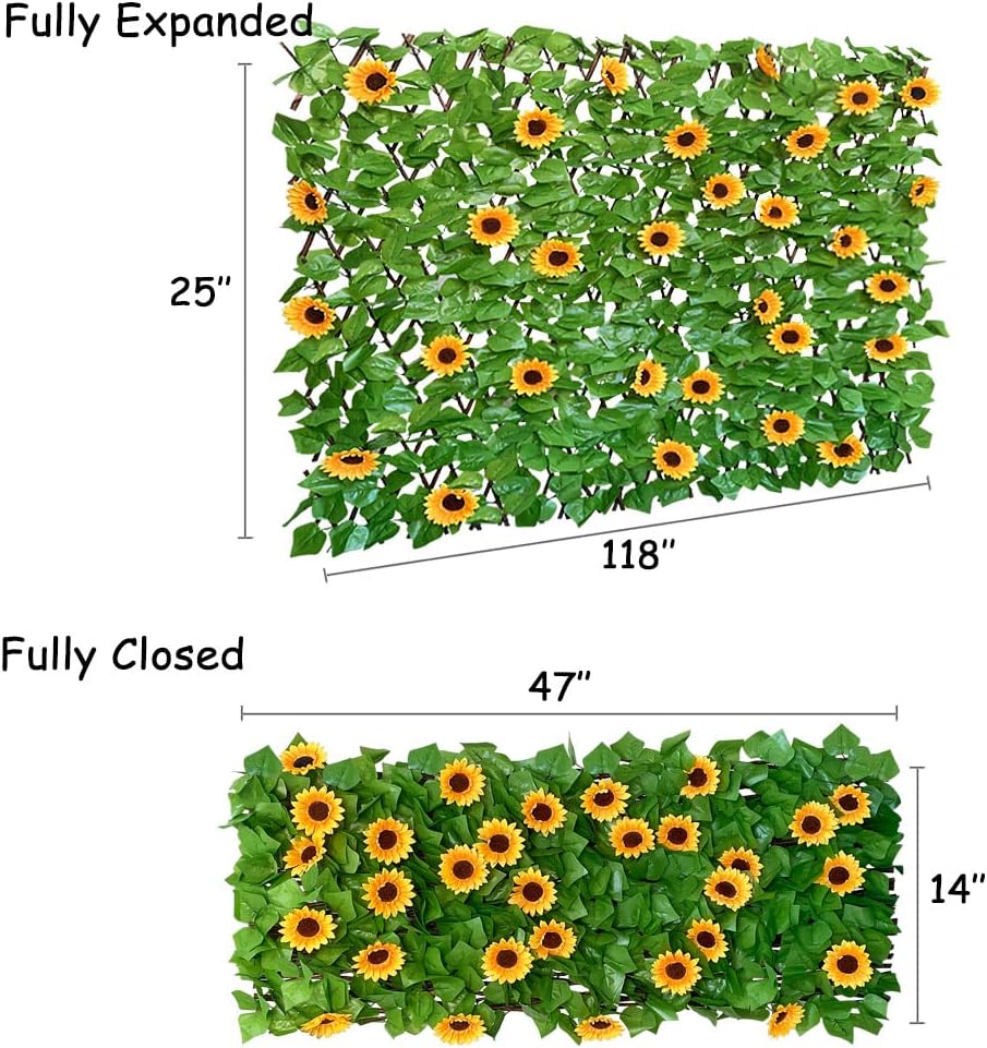 Expandable Fence Privacy Screen for Balcony Patio Outdoor,Decorative Faux Ivy Fencing Panel,Artificial Hedges (Single Sided Leaves) (1, Sunflowers)