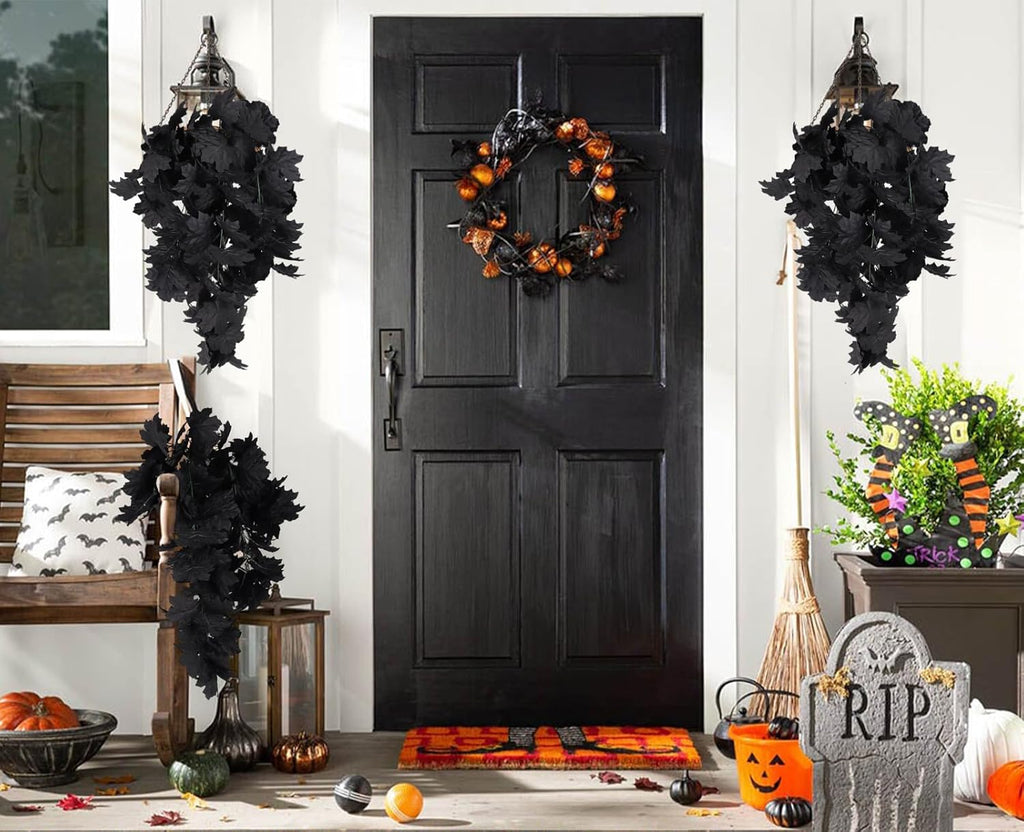 RECUTMS Black Maple Leaf Garland 2PCS Artificial Hanging Fall Halloween Maples Leaves Swag Plants 2.5ft Faux Silk Autumn Garlands for Indoor Outdoor Thanksgiving Party Home Room Fireplace Patio Decor