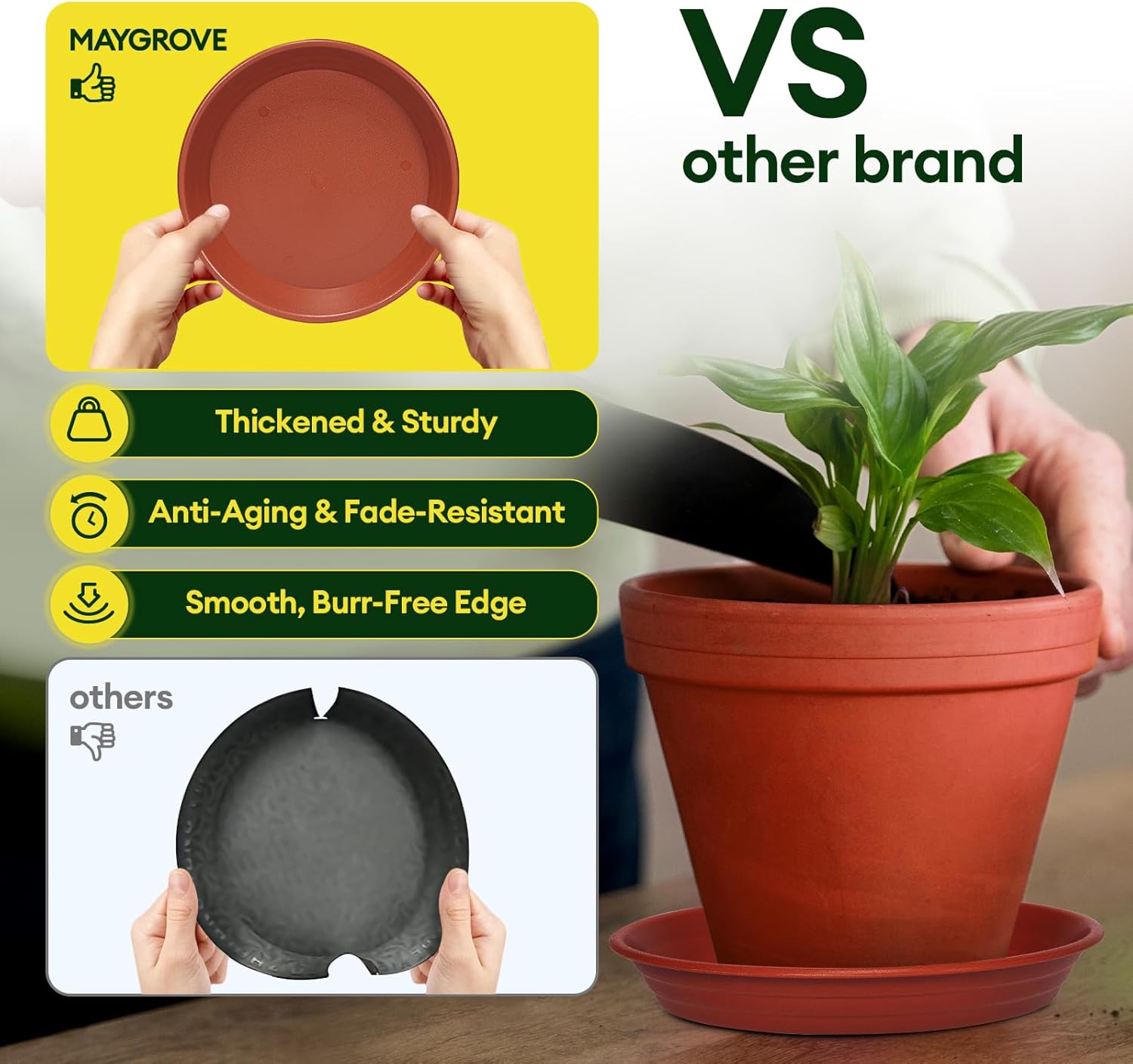 6 Pack Plant Saucer, 8 10 12 inch Plant Saucers for Indoor, Heavy Duty Plastic Plant Trays for pots, Grow Bags, Bird Baths, Flower Drip Trays for Indoor and Outdoor Uses (10", Brown)