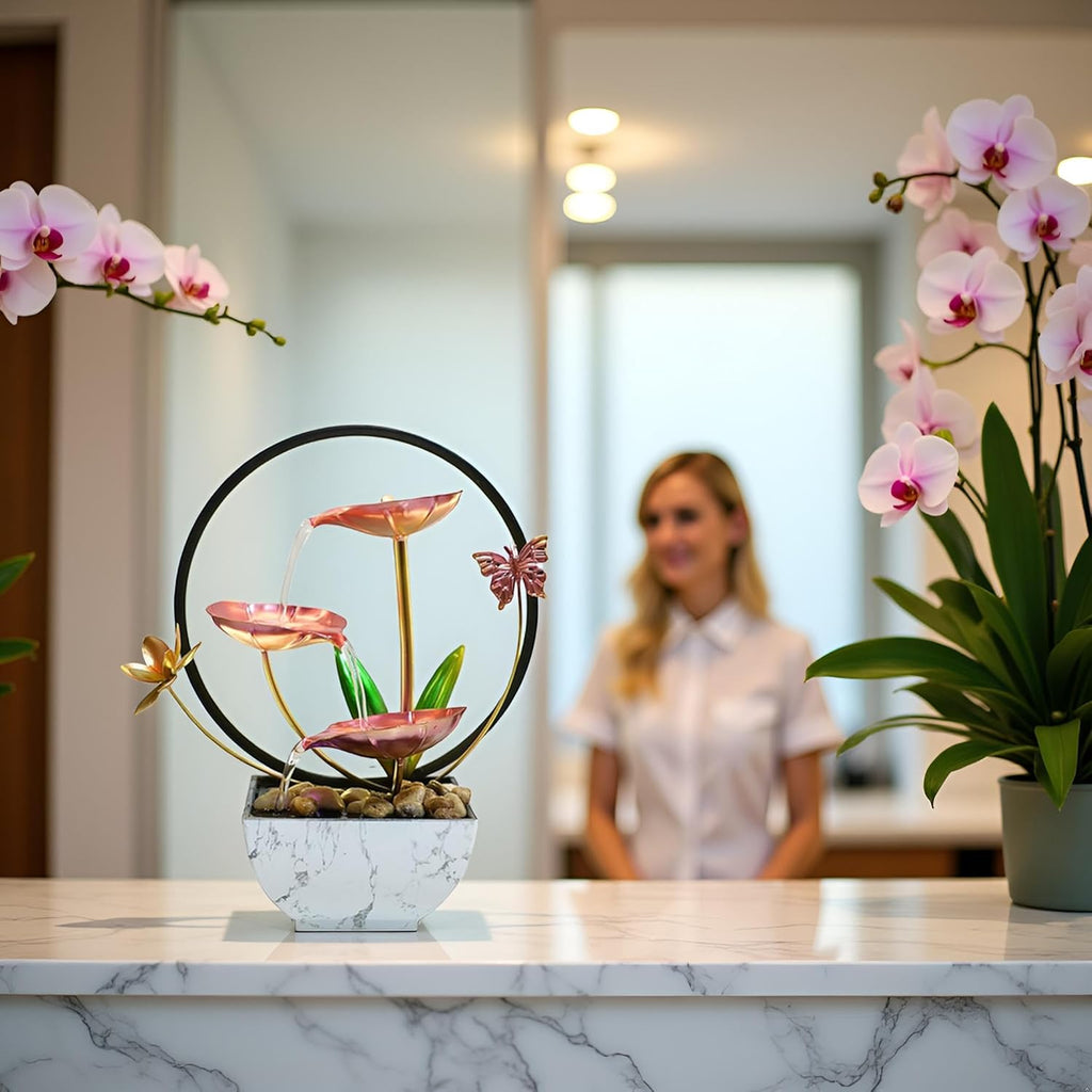 Pink Indoor Table Top Indoor Relaxation Water Fountain, Waterfall, Small Fountains with LED Lights Zen Meditation Fountains.