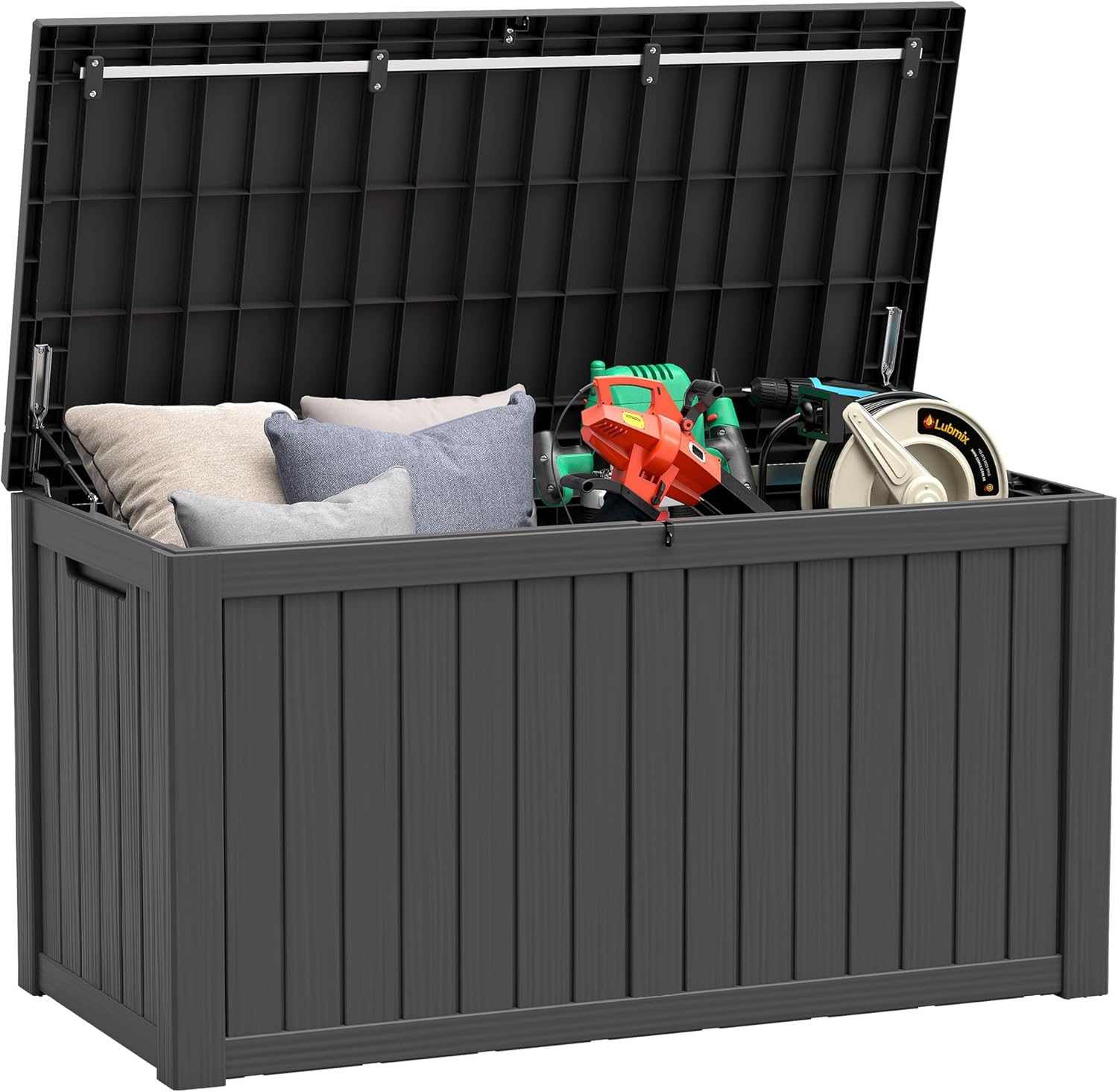 NUNU LAB 150 Gallon Outdoor Storage Box,Resin Large Sturdy Deck Box, Backyard Outside Storage Box Waterproof with Double Wall Panels,Package Delivery Garden Outdoor Hose Storage Bin