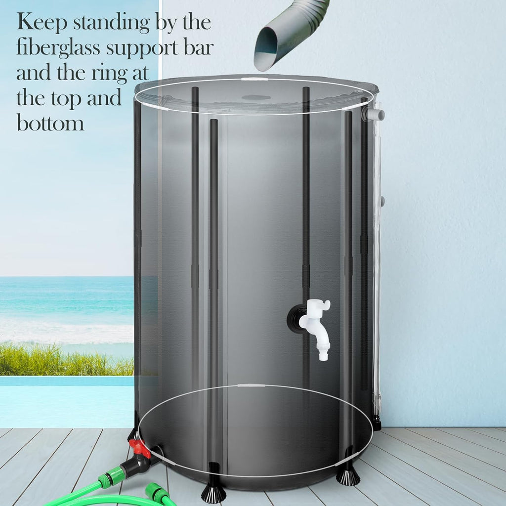 100 Gallon Collapsible Rain Barrel, SKM Portable Rain Water Collection Barrel for Garden/Outside/Lawn, PVC Rainwater Collection System Water Tank Storage Container with Spigots & Overflow Kit, Black