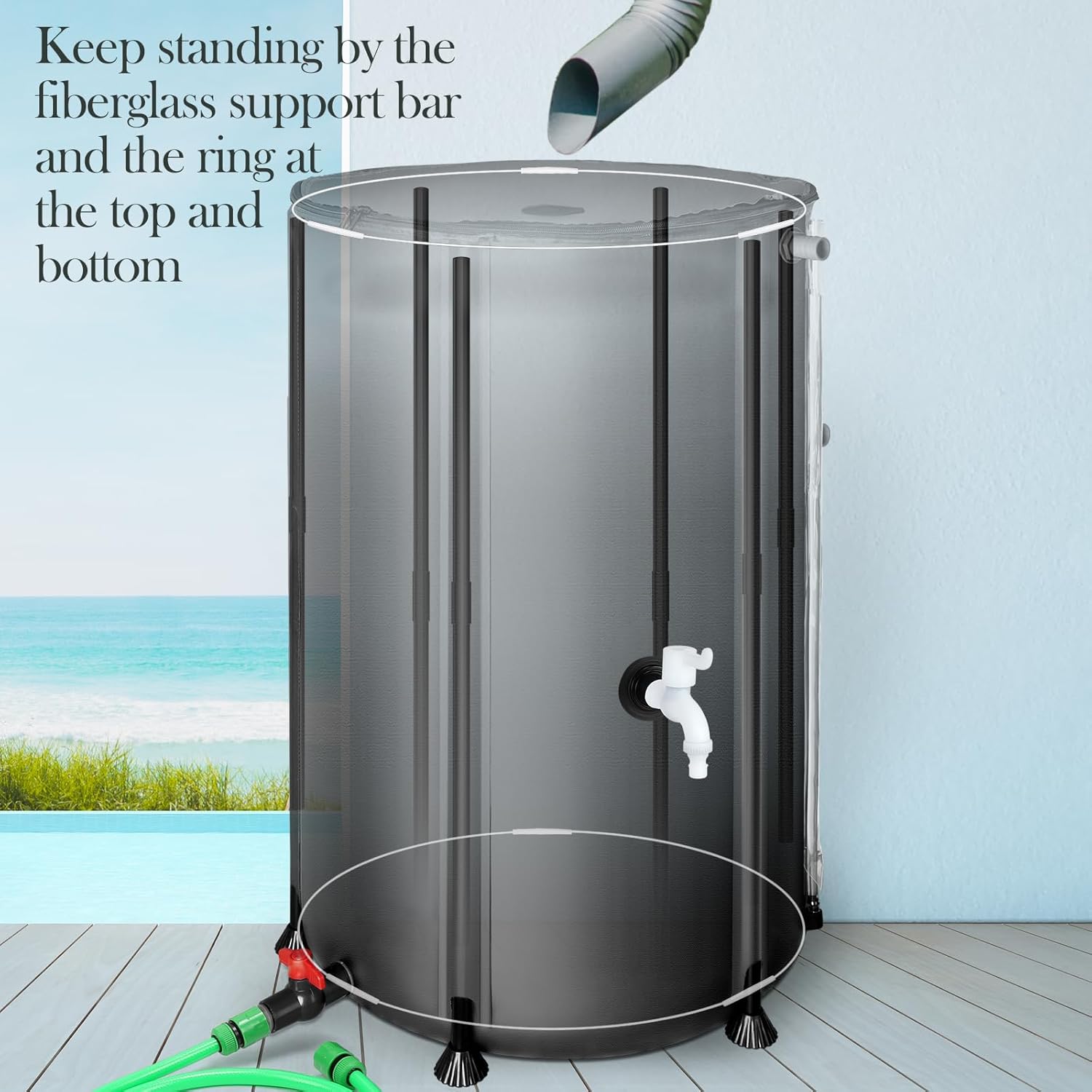 100 Gallon Collapsible Rain Barrel, SKM Portable Rain Water Collection Barrel for Garden/Outside/Lawn, PVC Rainwater Collection System Water Tank Storage Container with Spigots & Overflow Kit, Black