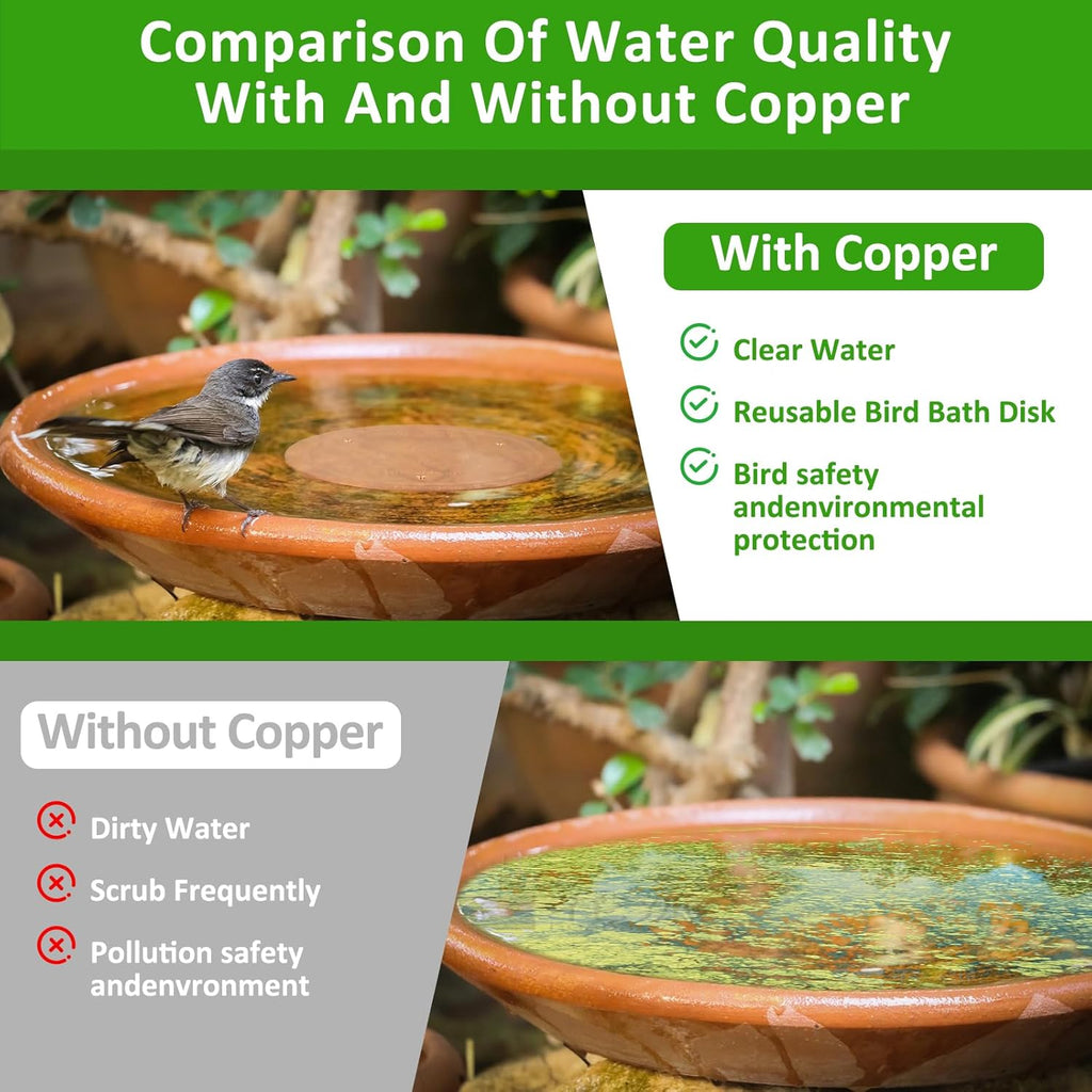 Bird Bath Copper Disk, 99.99% Pure Copper with Triple-Point Support, Physical Safe Clean Water for Outdoor Birdbaths & Bowls, All-Season Use, Reinforced Design