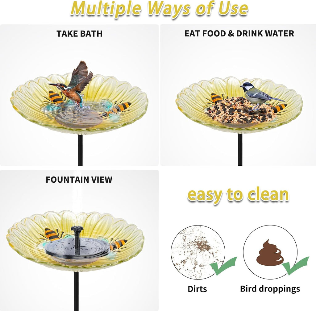 MUMTOP Bird Baths for Outdoors, Glass Bird Bath Stake, Bee Birdbaths & Support, Bee Baths for Garden, Outside, Lawn, Outdoor Decor
