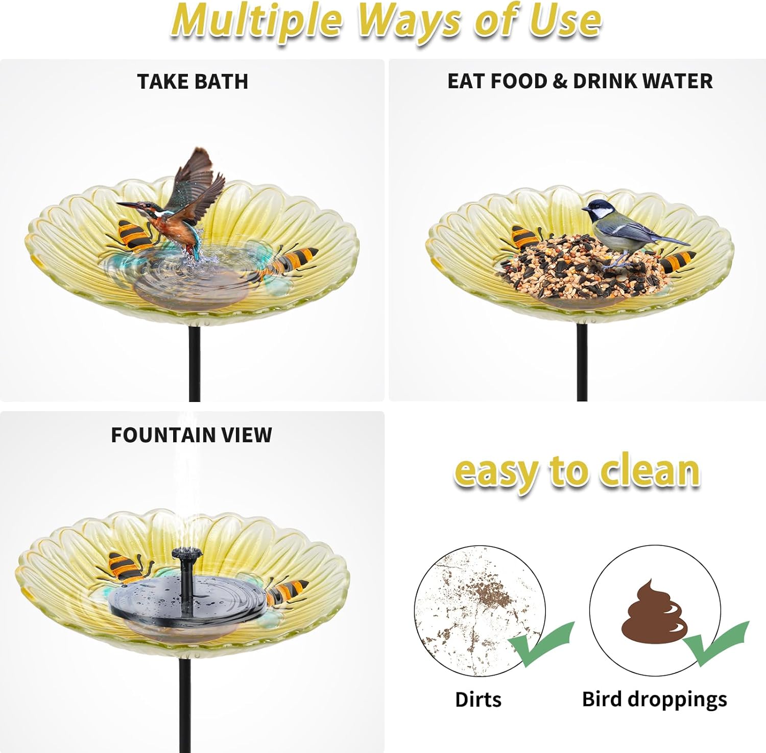 MUMTOP Bird Baths for Outdoors, Glass Bird Bath Stake, Bee Birdbaths & Support, Bee Baths for Garden, Outside, Lawn, Outdoor Decor