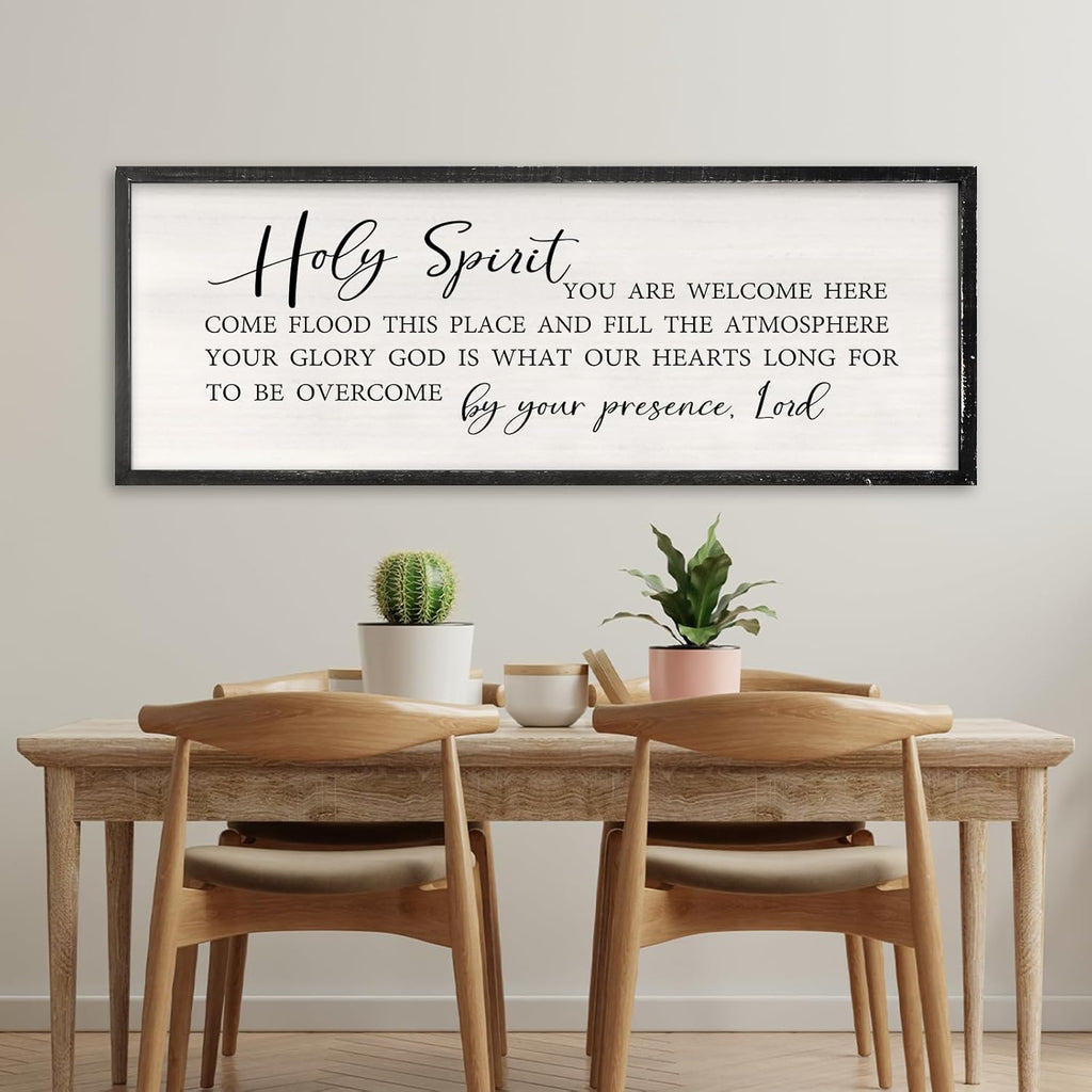 Holy Spirit You are Welcome Here Wall Decor Art 40x15 Inch Large Christian Song Bible Verse Plaque Wood Framed Sign Living Room Scripture Quote Religious For Office Wall Hanging (Black)