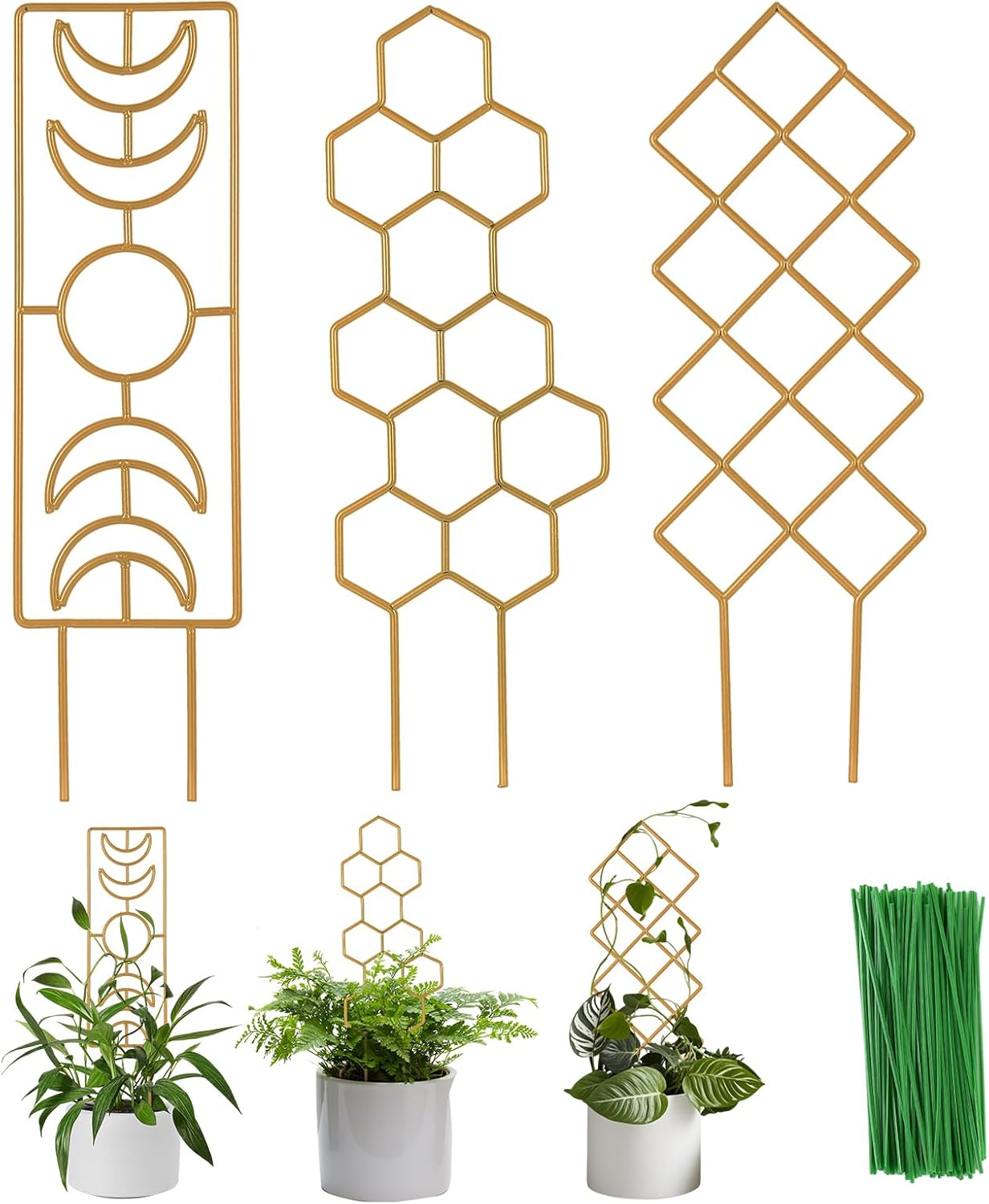Plant Trellis for Climbing Plants Indoor, 16.75 Inch Gold Small Garden Metal Houseplant Trellis for Potted Plants Outdoor with Different Patterns for Vine Ivy Flower Plant Support Lover Gifts Lattice