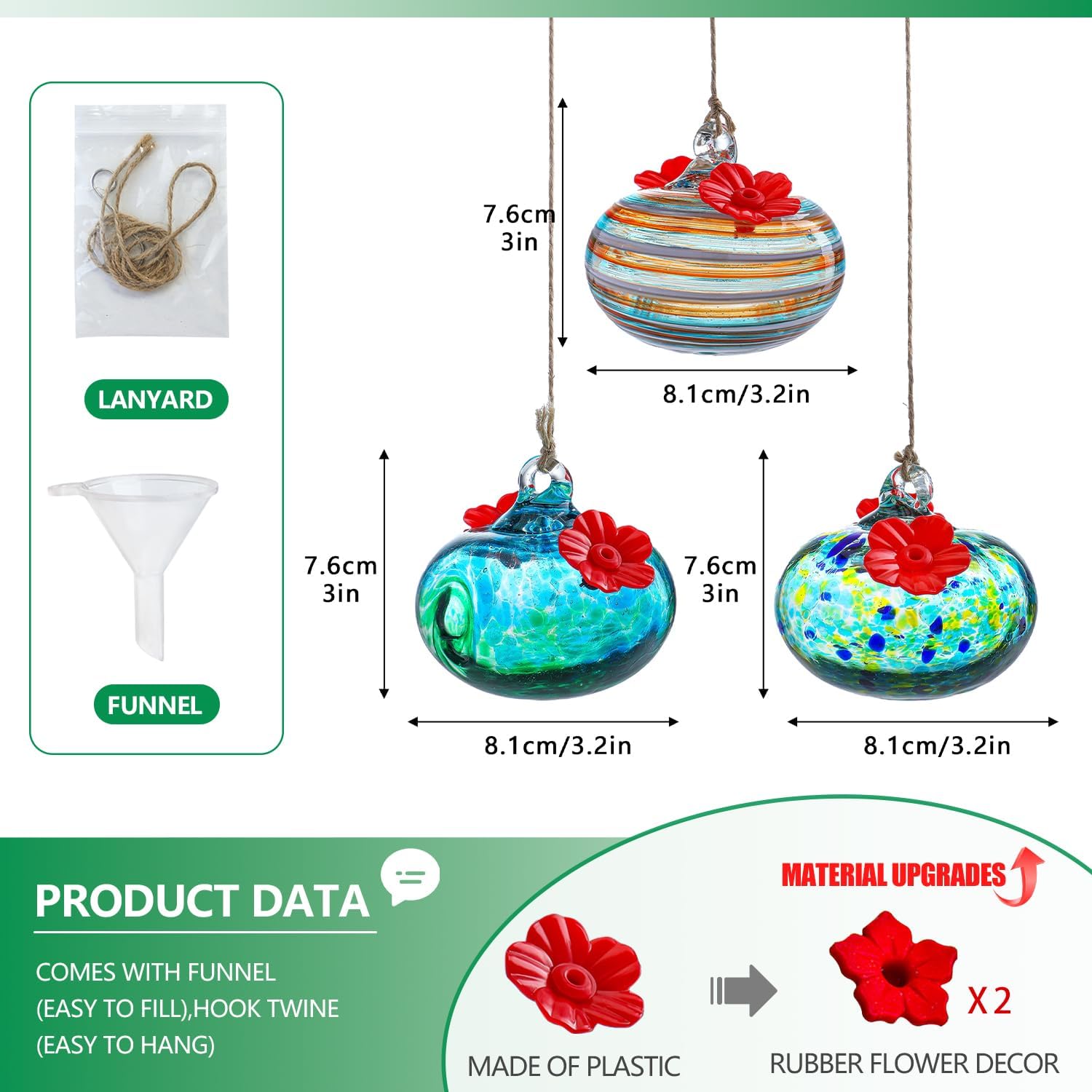 3PCS Small Glass Hummingbird Feeders for Outdoors Hand Blown Glass Humming Bird Feeder for Window Hanging Ant and Bee Proof Humming Birds Feeders