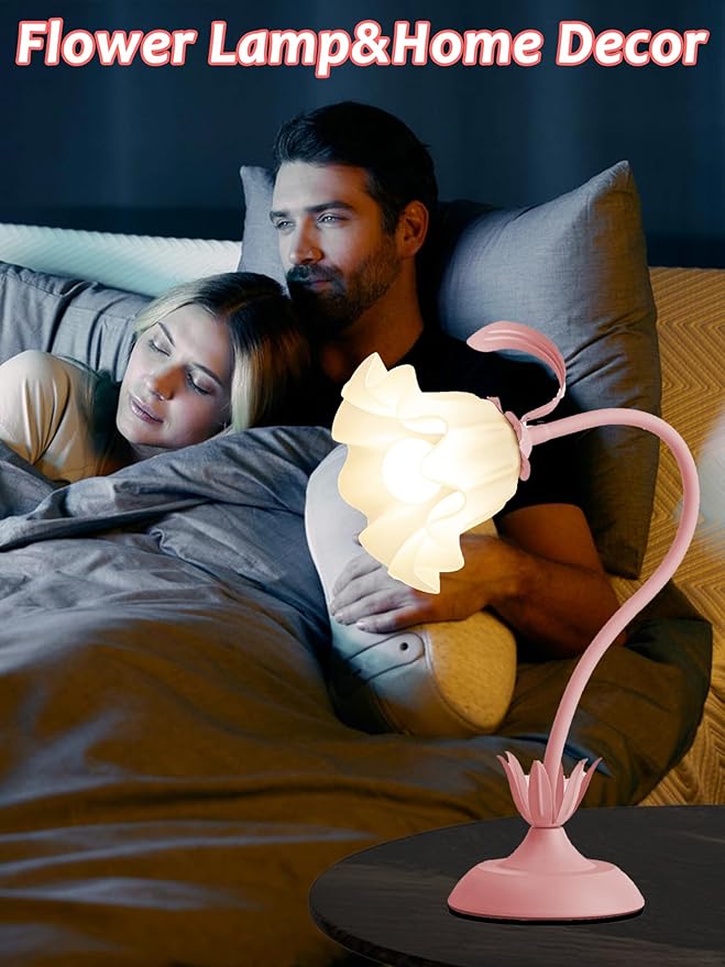 Flower Table Lamp,LED Reading Light Bedside Vintage Flower Night Light,3 Colors Modes Kawaii Bedside Lamps Decor,Living Room Bedroom Room Lighting Table Lamps Home Decoration (Pink)