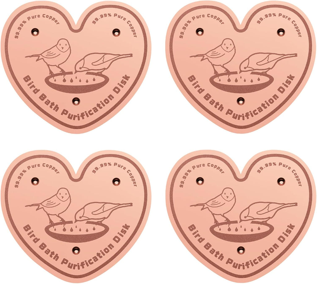 4-Pack 99.99% Pure Copper Bird Bath Purification Disk,Copper Disc with Stable Triple-Point Support,Fits All Outdoor Bird Baths(Heart-Shaped)