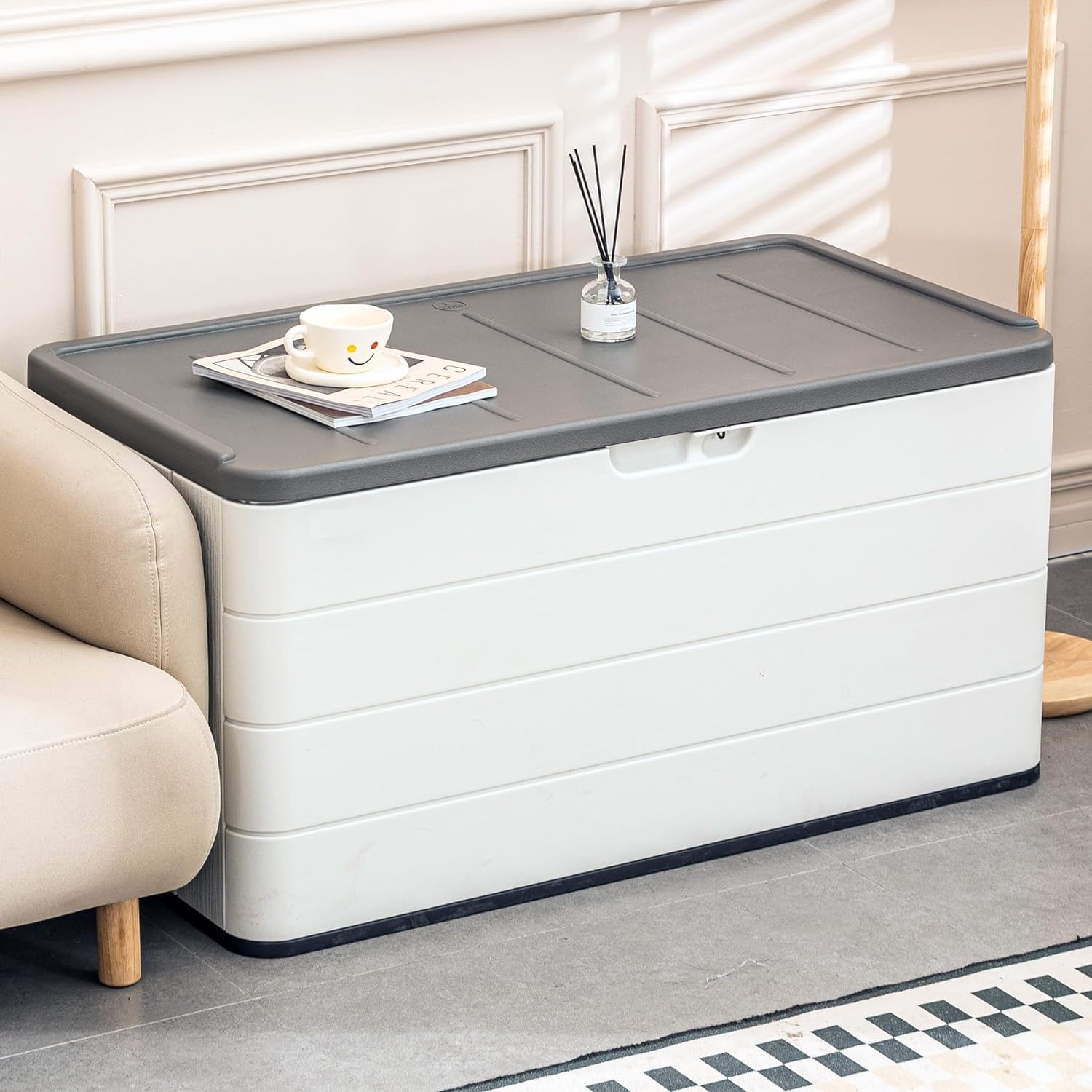 100 Gallon Plus Resin Deck Box, Waterproof Outdoor Storage Bin for Patio Furniture, Pool Accessories, and Garden Tools, Lockable & UV-Resistant, White