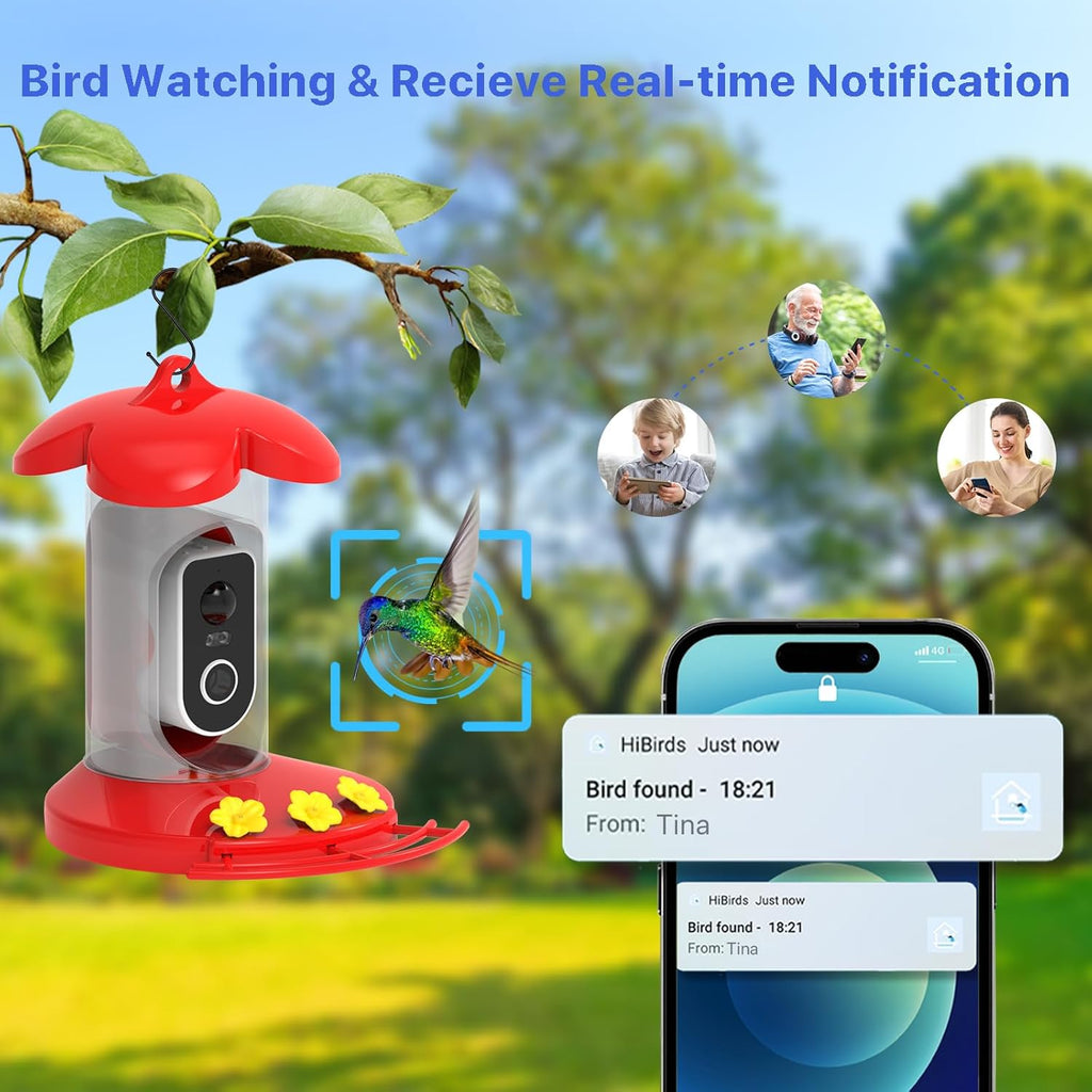 Hummingbird Feeder with Camera for Outdoor - 2K QHD Video, Instant Notifications & AI Bird Species, Ant Moat, Bee Proof, Motion Detection, 2.4G WiFi, Signal Booster, Gift for Bird Lovers (Red)