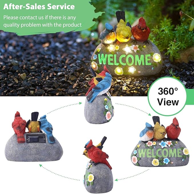 Solar Birds Welcome Sign - Outdoor Bird Decor with Solar LED Lights - Elegant and Charming Figurines for Women, Moms & Garden Enthusiasts