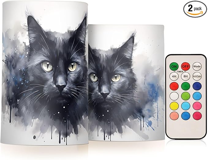 Flickering Flameless Candles, Black Cat Print LED Candles with Remote Timer, Set of 2 Battery Operated Candle for Valentine Wedding Birthday