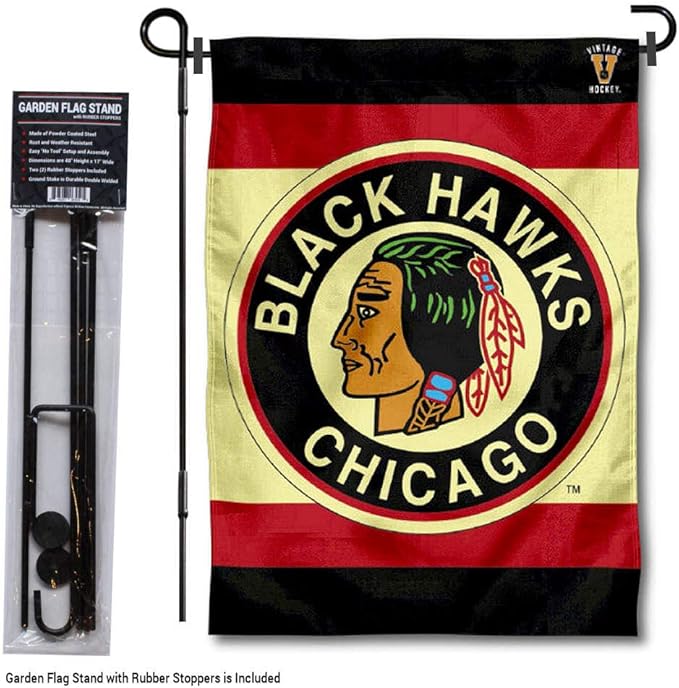 WinCraft Chicago Blackhawks Vintage Retro Garden Flag with Pole Stand Holder