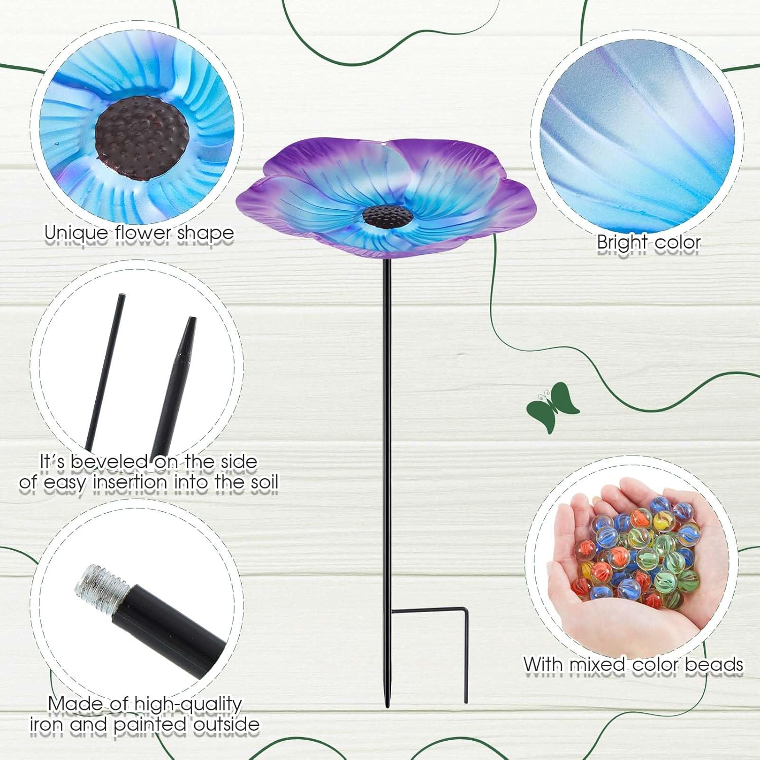 Tandefio Vivid Flower Bee Watering Station Metal Butterfly Water Feeder Cup with 30 Colorful Glass Marbles Bee Feeder Butterfly Bath Bowl for Garden Outdoor Yard Decors(Blue Purple,Flower)