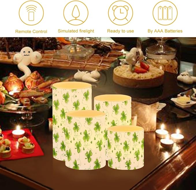 Flameless Light Candles for St Patricks Day Decorations, Battery Operated Candles Color Changing Timer Remote Control Pillar Candles Tealight St. Patrick Gift Accessories, Green Grass Print