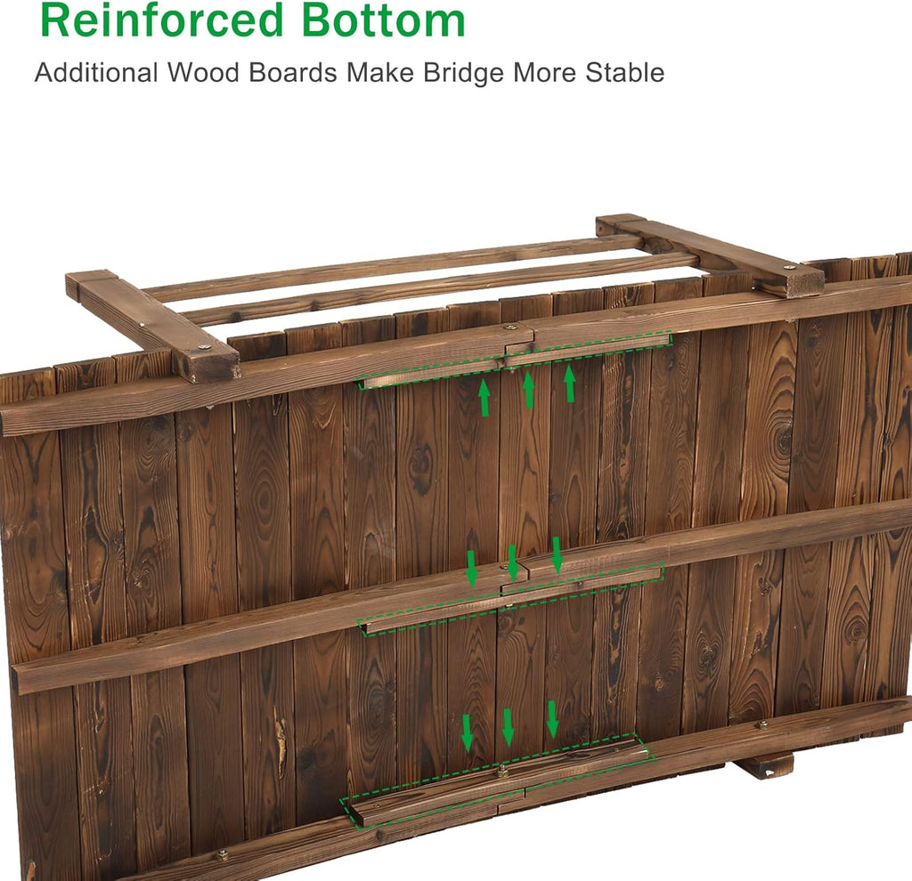 VINGLI 4 ft Garden Bridge, Arch Walkway Wooden Bridge with Safety Rails Carbonized Finished, Decorative Landscaping Footbridge for Koi Pond, Dry Creek Bed, Garden Pathway or Rustic Wedding Decor