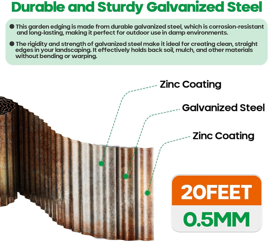 Corrugated Metal Garden Edging, Sturdy Tall Landscape Edging Borders, Perfect DIY for Flower Beds, Lawn and Pathway,Tree Surrounds,Paver Edges (Pre-Rusted, 8"×20FT)