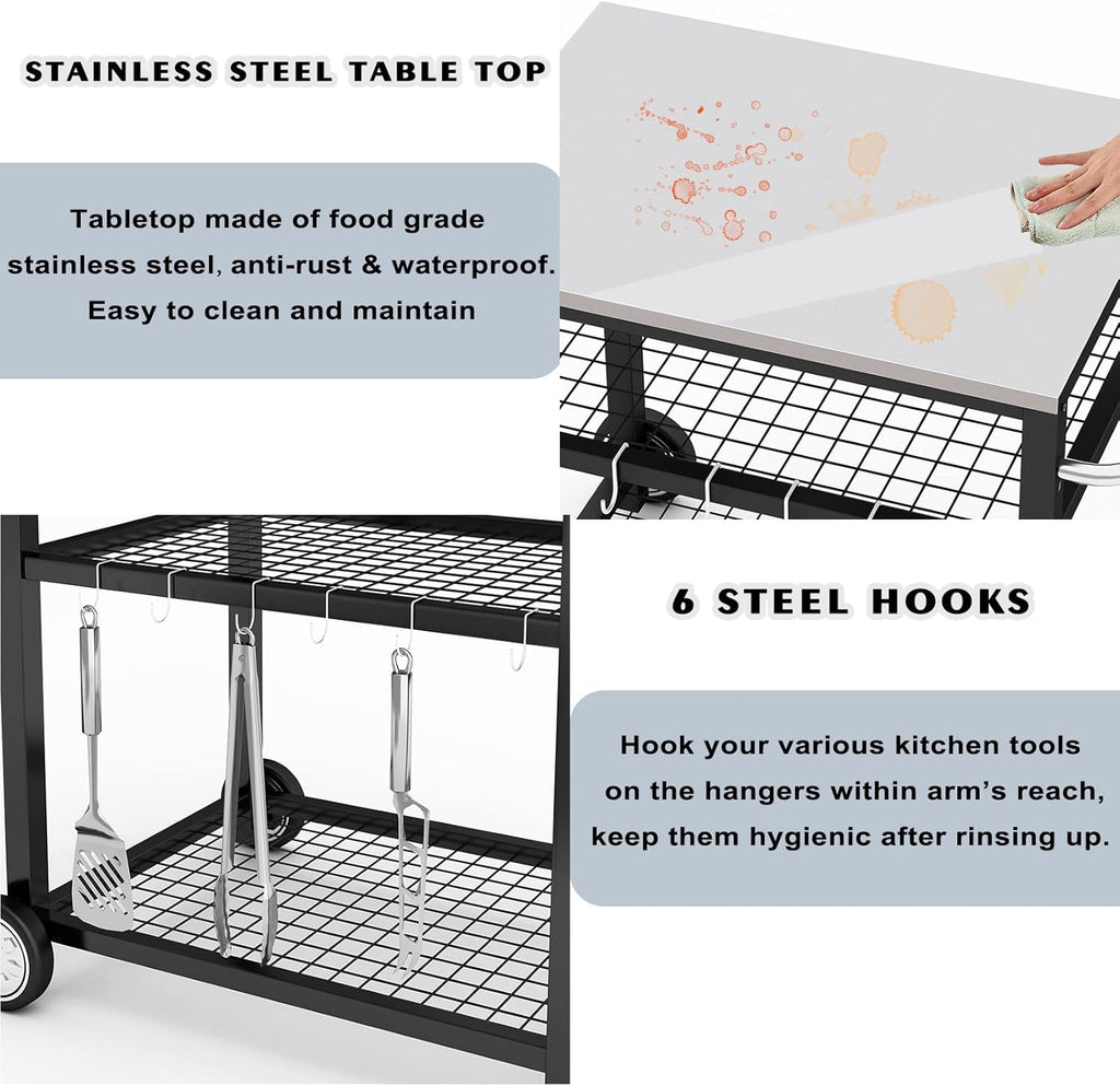 Movable Food Prep and Work Table Stainless Steel Grill Cart Modular Table with Wheels and Handle Double-Shelf Commercial Kitchen Tables Heavy Duty Pizza Oven Stand Outdoor