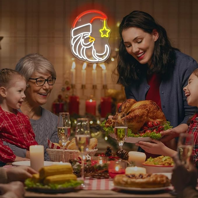 Moon Christmas Santa Neon Sign,Cute Anime Neon Light,Moon Star Neon Sign for Wall Decor,Red Christmas Hat USB Neon Light Sign for Party Store Living Room Bar Door Kids Bedroom Christmas Gift