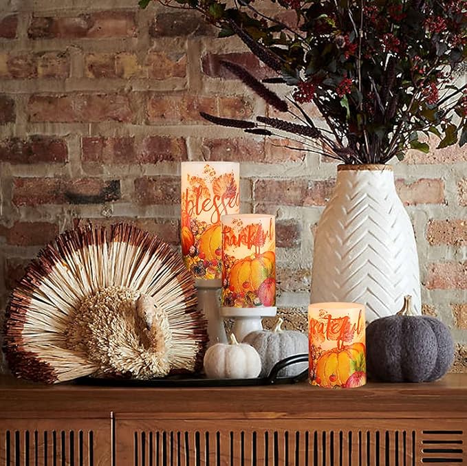 Thanksgiving Blessings LED Candles Pumpkin Glitter Desgin Real Wax Flickering Flameless Fall Harvest Battery Operated with Remote Timer 6H for House Warming Gifts New Home Table Tary Decor