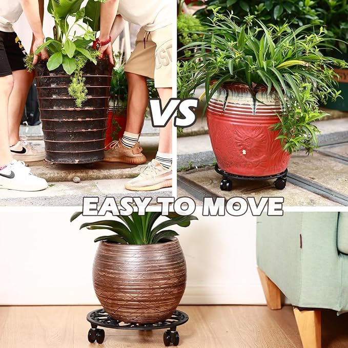 11 Inch Rolling Plant Stand with Wheels Wrought Iron Rolling Plant Stand with Casters Heavy Duty for Indoor Plants Rollers with Plant Saucers, Metal Round Plant Dolly 1 Pack