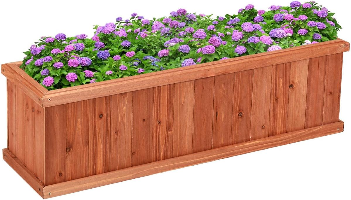 LDAILY Raised Garden Bed, Outdoor Rectangle Flower Beds with Bottom Panels & 2 Drainage Holes, Wood Planter Box for Flowers/Vegetables/Fruits in Backyard Patio (40" L x 12’’ W x 12’’ H)
