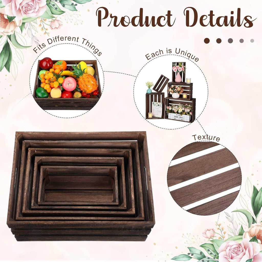 Soaoo 5 Pcs Decorative Nesting Wooden Crates for Storage Display 5 Size Large Small Rustic Wood Decorative Storage Crates with Handle Farmhouse Crate Box Container Made from Pine(Vintage Black)