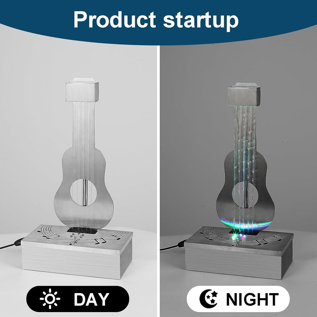 Indoor Tabletop Fountain with 3-Color LED Lights, 304 Stainless Steel Guitar-Shaped Desktop Meditation Waterfall for Home & Office Décor, Relaxing Water Feature Air-Purifying Gift