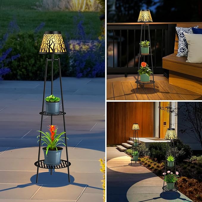2 Pack Metal Solar Floor Lights Outdoor with Plant Stands, 45.5'' Solar Powered Street Lights, Solar Lantern for Garden Yard Pathway Driveway Porch