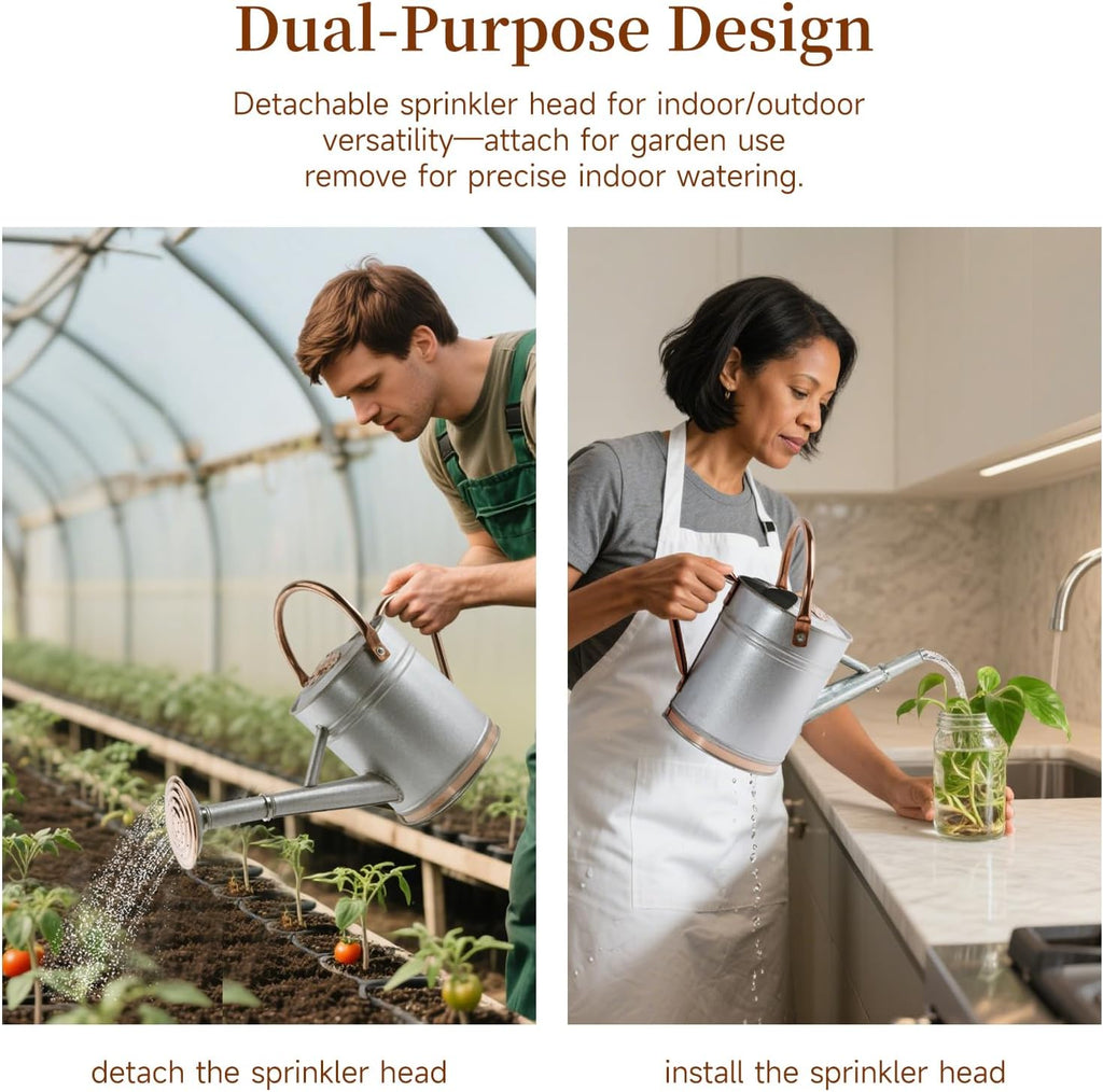 1 Gallon Galvalume Metal Watering Can with Solid Brass Sprout, Handle & Base Trim - Genuine Forged Copper Joints for Indoor/Outdoor Plants, Garden, Balcony for Kids and Adults (Stardust & Vermilion)