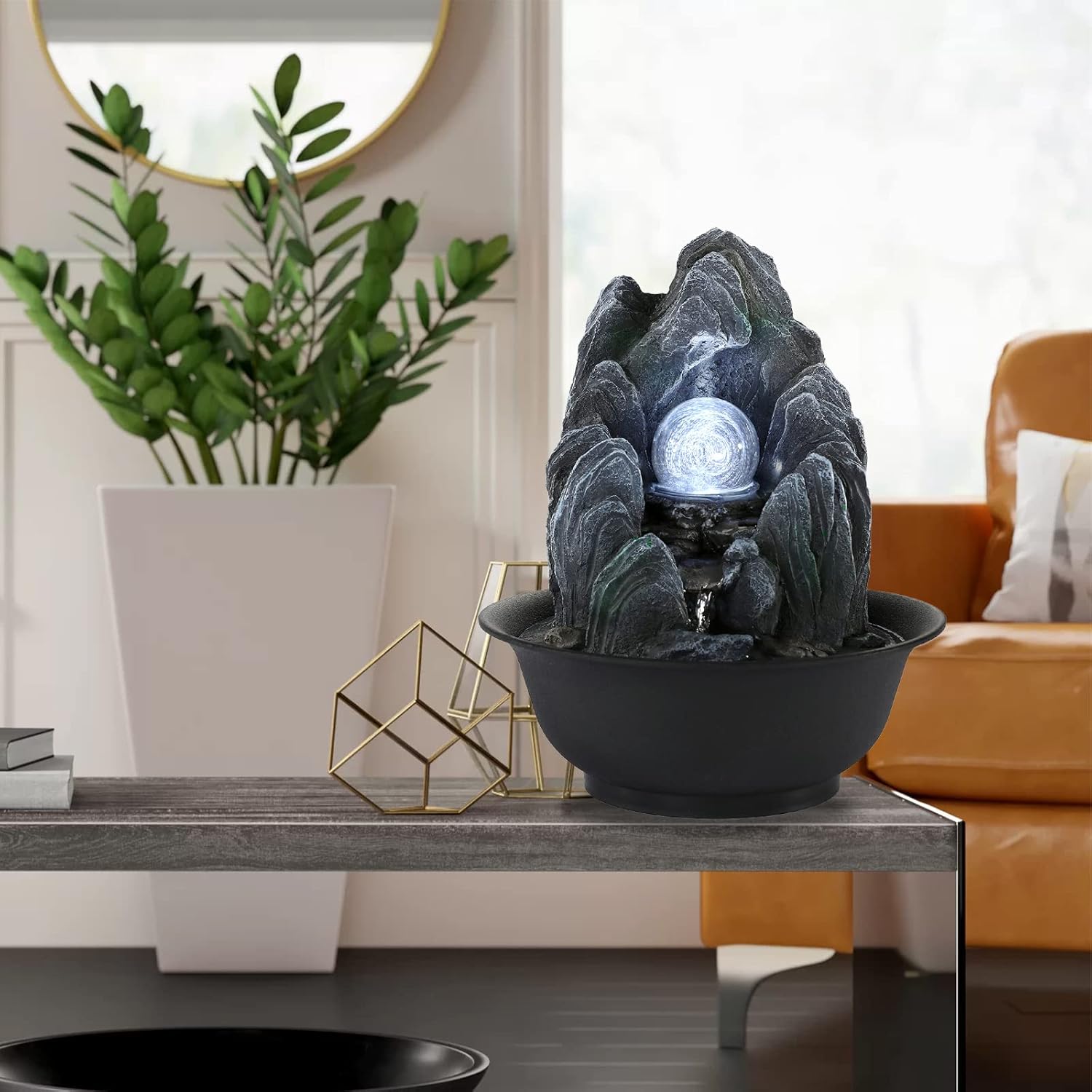WICHEMI Water Fountains Indoor Waterfall Fountain Tabletop Fountain with LED Rolling Ball Stacked Rocks Indoor Water Feature Zen Meditation for Home and Office Indoor Spaces Decor (Style 19)