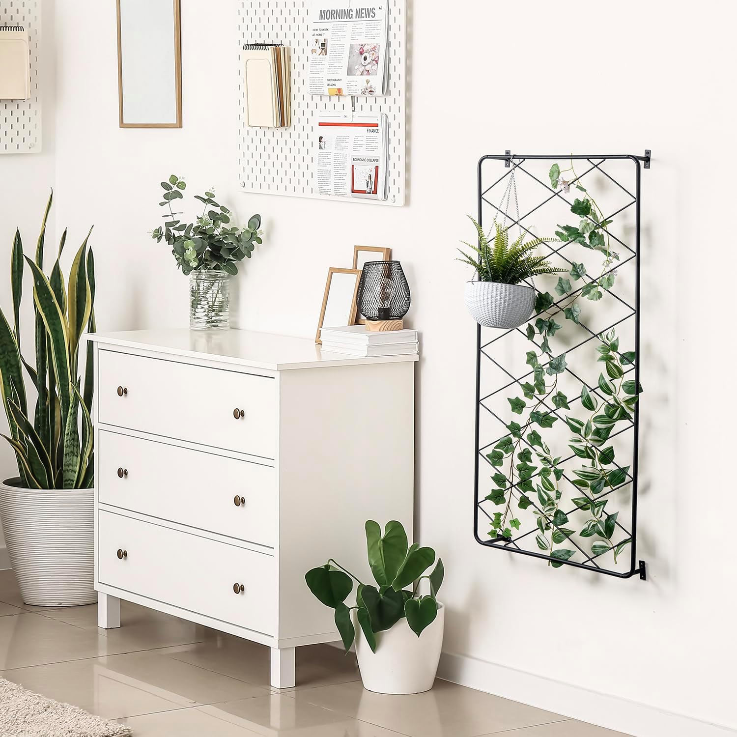 MyGift 50"x24" Wall Mounted Garden Trellis, Black Metal Lattice Panels for Outside, Hanging Lattice Support Frame for Outdoor or Indoor Climbing Plants, Set of 2 Panels