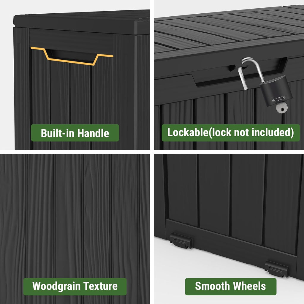 Mars Villa 72 Gallon Deck Box, Outdoor Storage Box Waterproof, Outside Resin Storage Bin for Patio Furniture Cushions, Pool Supplies, Garden Tools, UV-Resistant and Weatherproof, with 4 Wheels, Black