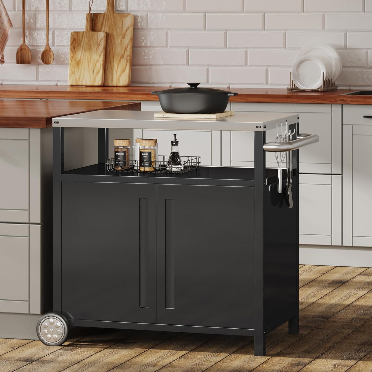 Outdoor Grill Cart with Storage Cabinet Stainless Steel Prep Stand with Storage Cabinet and Wheels Movable Whole Portable Table Outdoor Rolling Prep Station Kitchen Island Pizza Oven Table for Garden