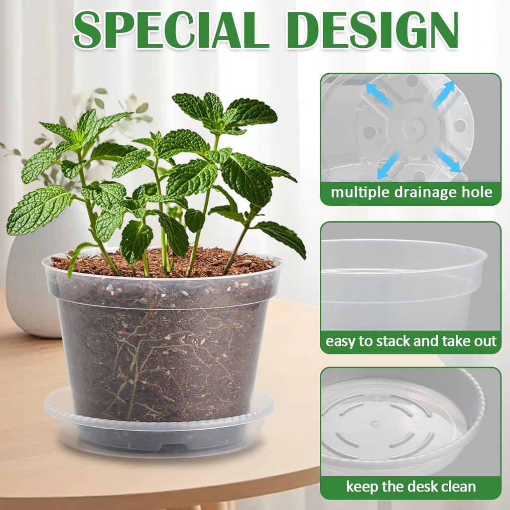 12 Pack 7 Inch Clear Nursery Pots with Saucer, Transparent Plastic Plant Pots with Drainage Holes, Sturdy Plant Starter Pots, Planter Pot for Planting Succulent Flower Herb Vegetable, Gardening Gifts