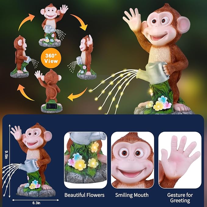 Monkey Statue Solar Garden Decor, Animal Figurine Lights, Birthday Gifts for Kids, Women, Gifts for Mom Grandma Senior Elder, Outdoor Monkey Ornament for Balcony, Garden, Patio, Yard, Lawn