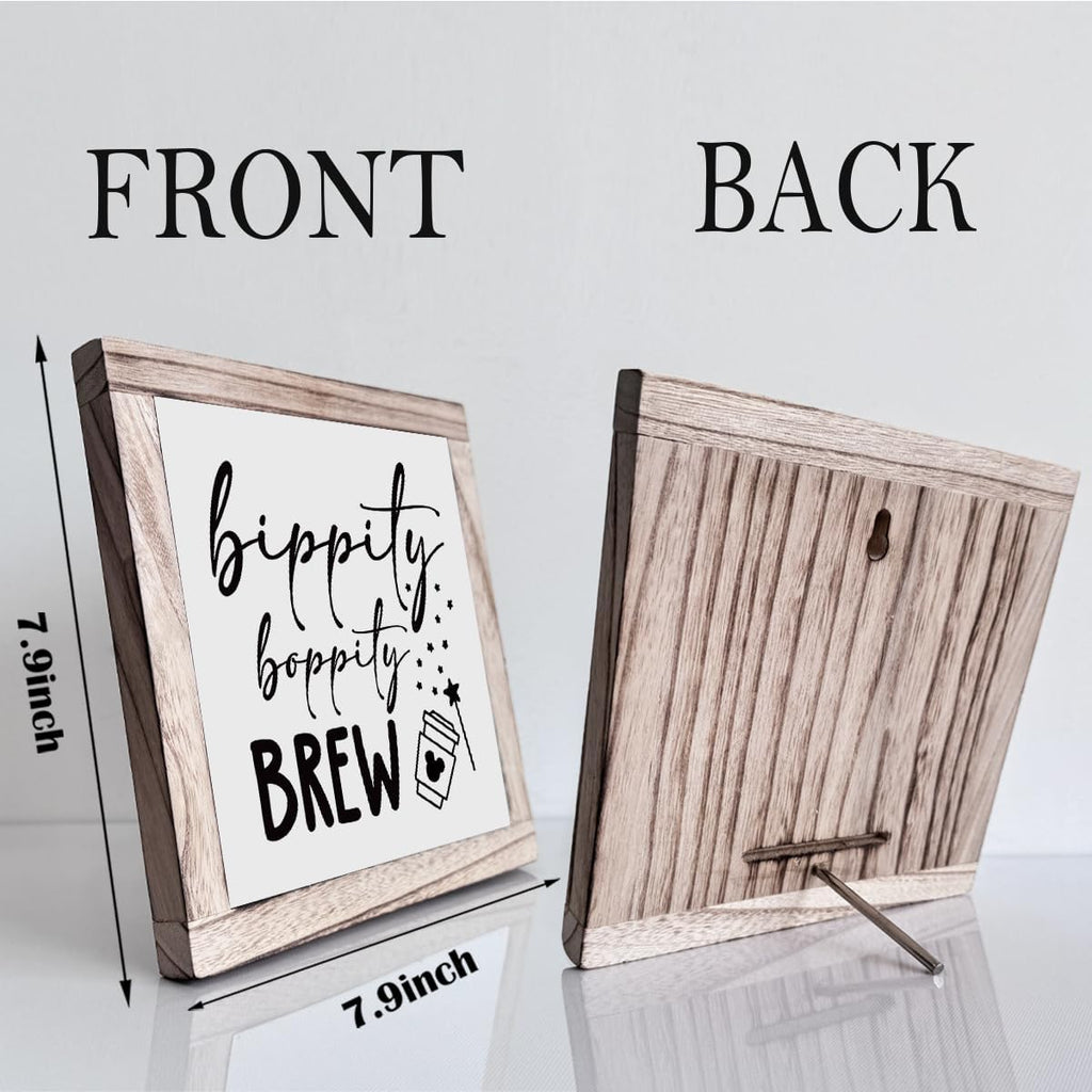 Bippity Boppity Wood Plaque Sign, Box Wood Plaques Desk Décor, Rustic Wooden Coffee Table Sign, Kitchen Home Decor, Tabletop Decor Sign, Coffee Lover Gift, Disney Lover Gift 7.9×7.9inch