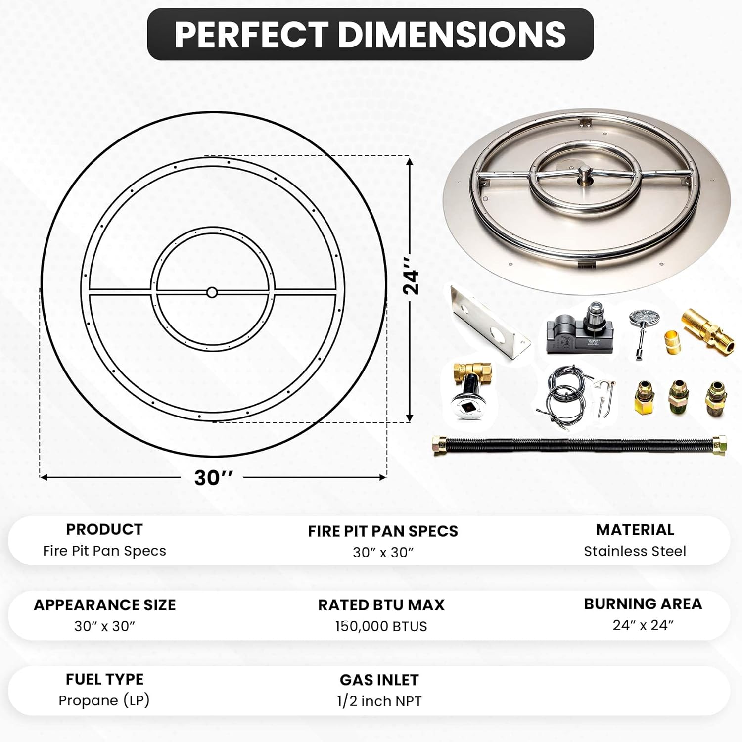 Stainless Steel Fire Pit Burner Pan & Ring Standard Kit with Spark Ignition for Liquid Propane, 30-Inch Pan, 24-Inch Ring, 150,000 BTU Max