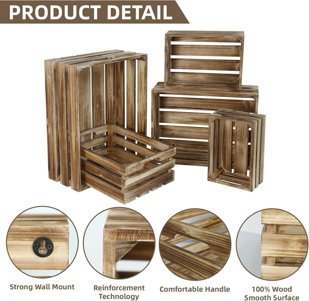 Set of 5 Large Wooden Crates, Nesting Storage Crate with Handles, Rustic Torched Brown Farmhouse Wooden Crates for Display, Wedding Birthday Home Party Living Room Kitchen Decoration
