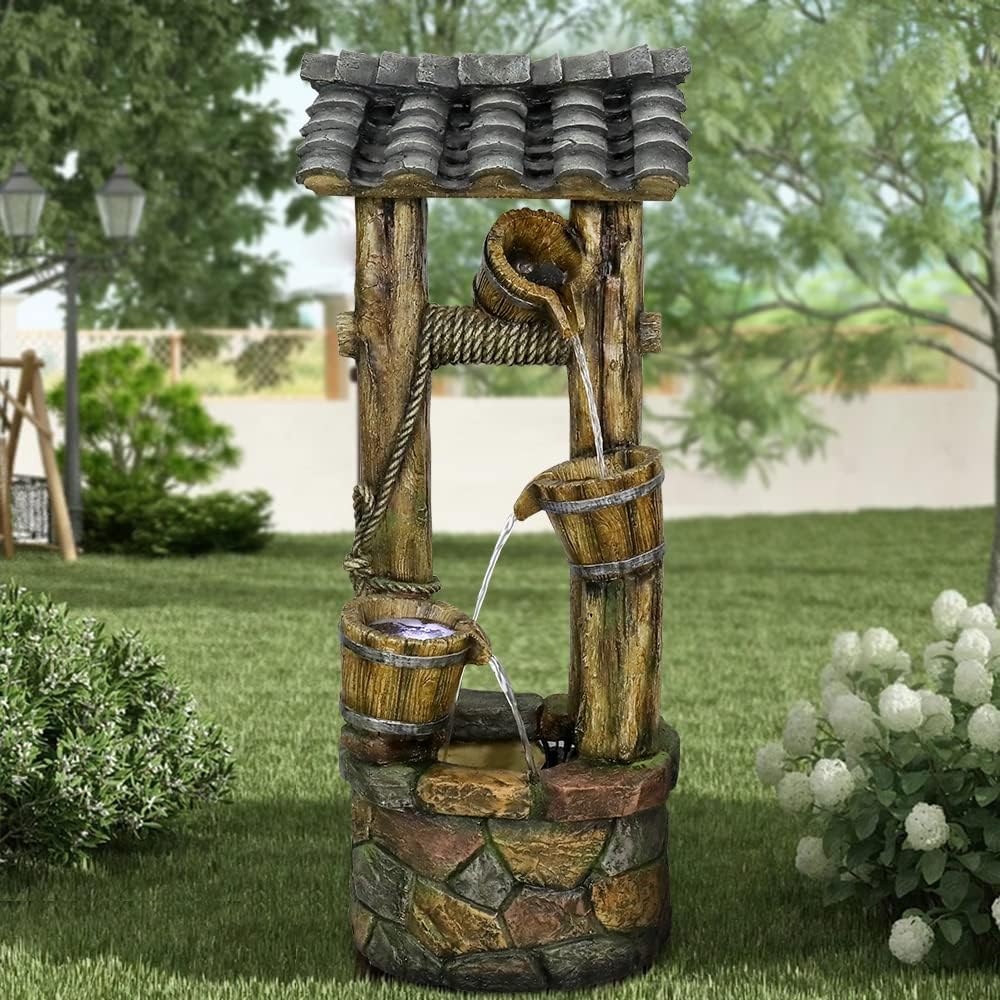 Wishing Well Water Fountain, 39.3inches Rustic Outdoor Water Fountains - Outdoor Cascading Waterfall with Buckets, Pump & Lights for Backyard Patio Decor
