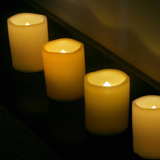 Waterproof Outdoor Battery Operated Flameless Pillar Candles with Timer White Plastic Realistic Flickering Fake Electric LED Lights for Lantern Garden Wedding Christmas Decorations 3”x4” 6 Pack